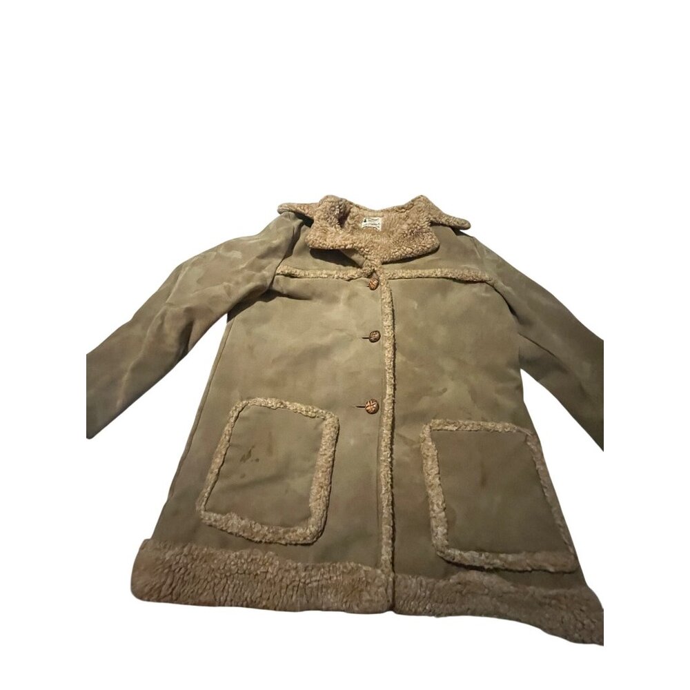 Tan Faux Suede Sherpa-Lined Coat With Long Sleeves & Fold-Over Collar Size 18